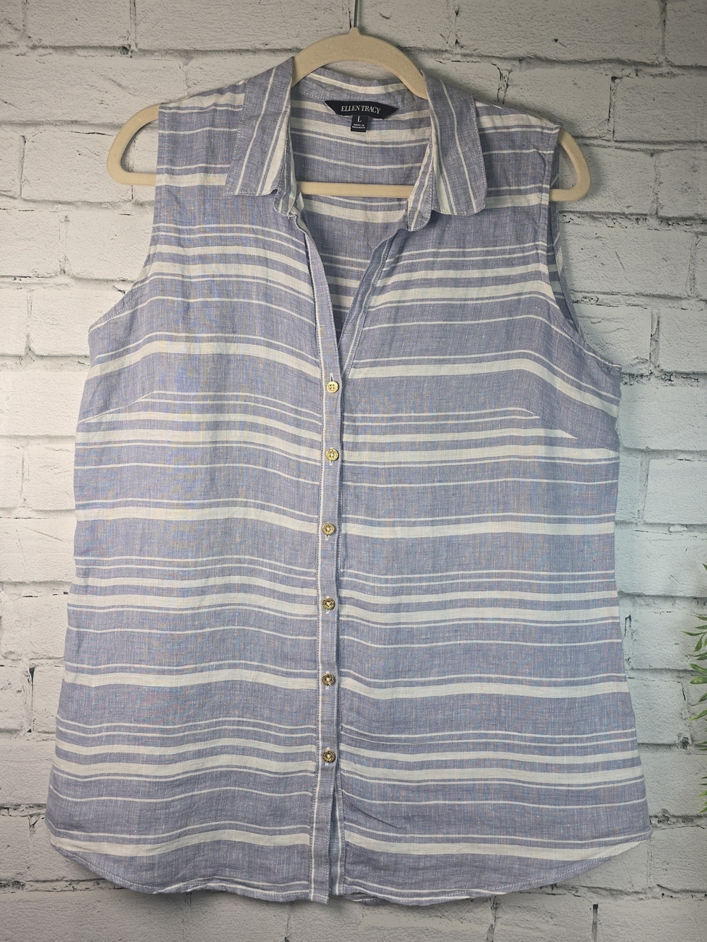 ELLEN TRACY LINEN BUTTON DOWN SLEEVELESS BLUE WHITE STRIPE COAST RESORTWEAR LG